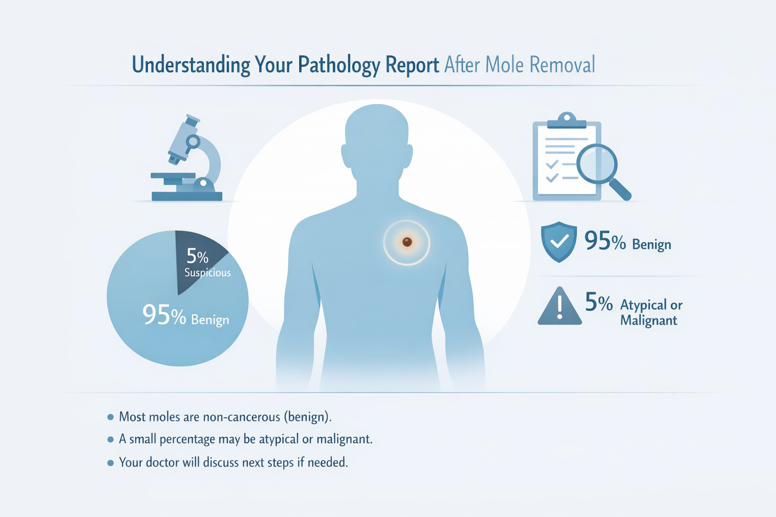 Minimalist editorial-style infographic visualizing key takeaways about pathology reports after mole removal. Central graphic shows simplifie