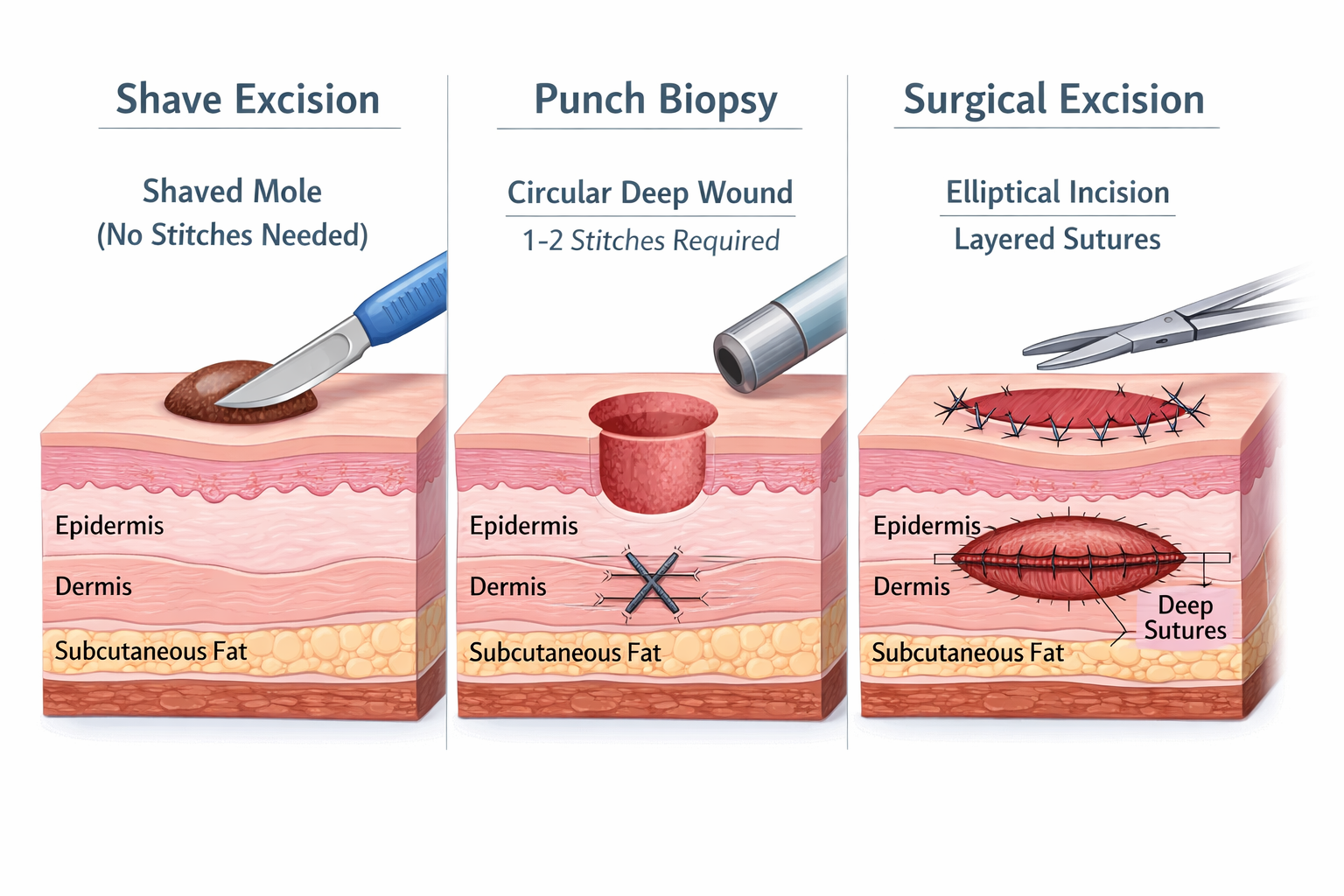 Landscape format (1536x1024) medical illustration showing side-by-side comparison of three mole removal techniques: shave excision with scal