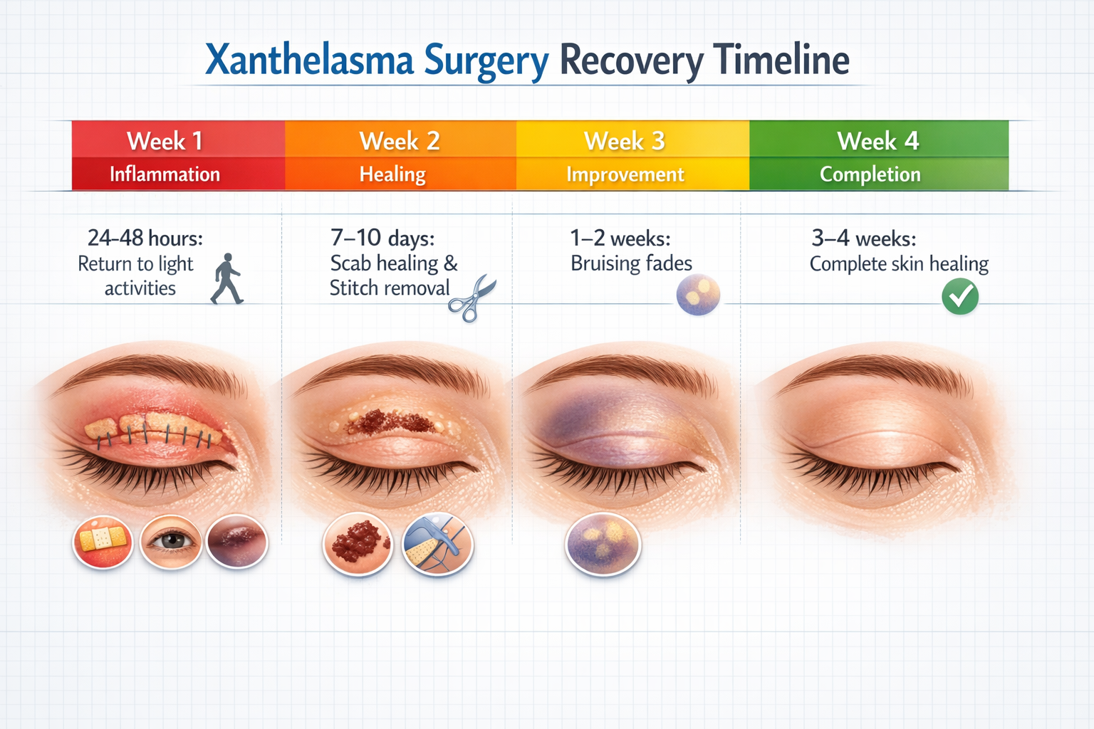 Detailed landscape format (1536x1024) medical infographic showing xanthelasma surgery recovery timeline with horizontal bar chart spanning 4