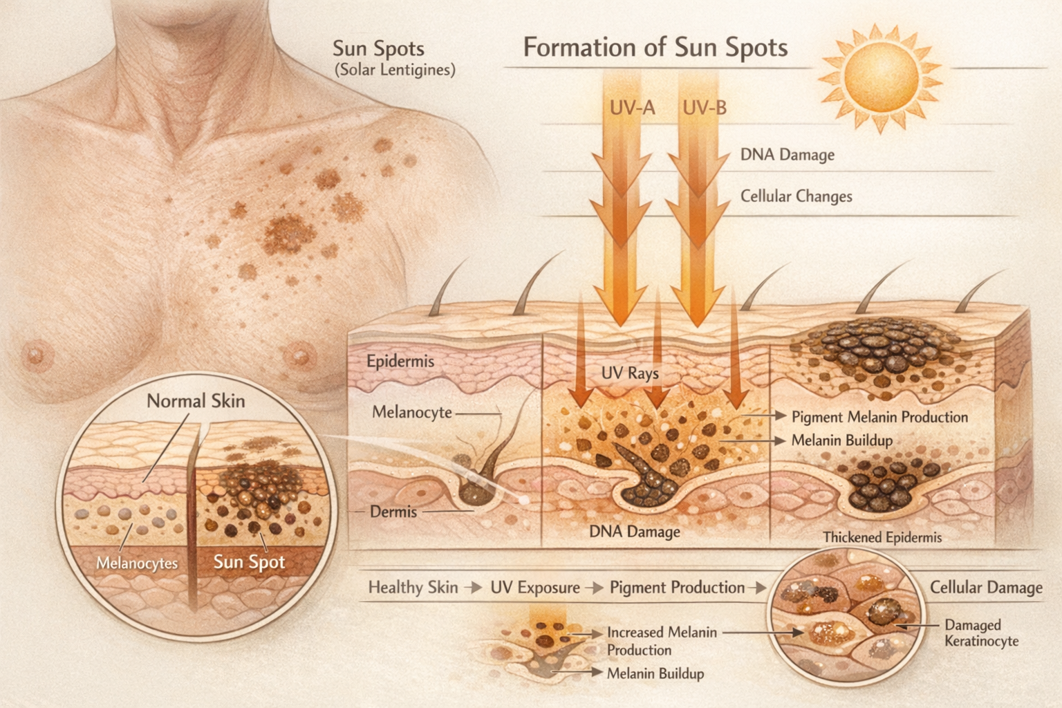 Detailed medical illustration showing human chest anatomy with close-up visualization of sun spots (solar lentigines), highlighting skin pig