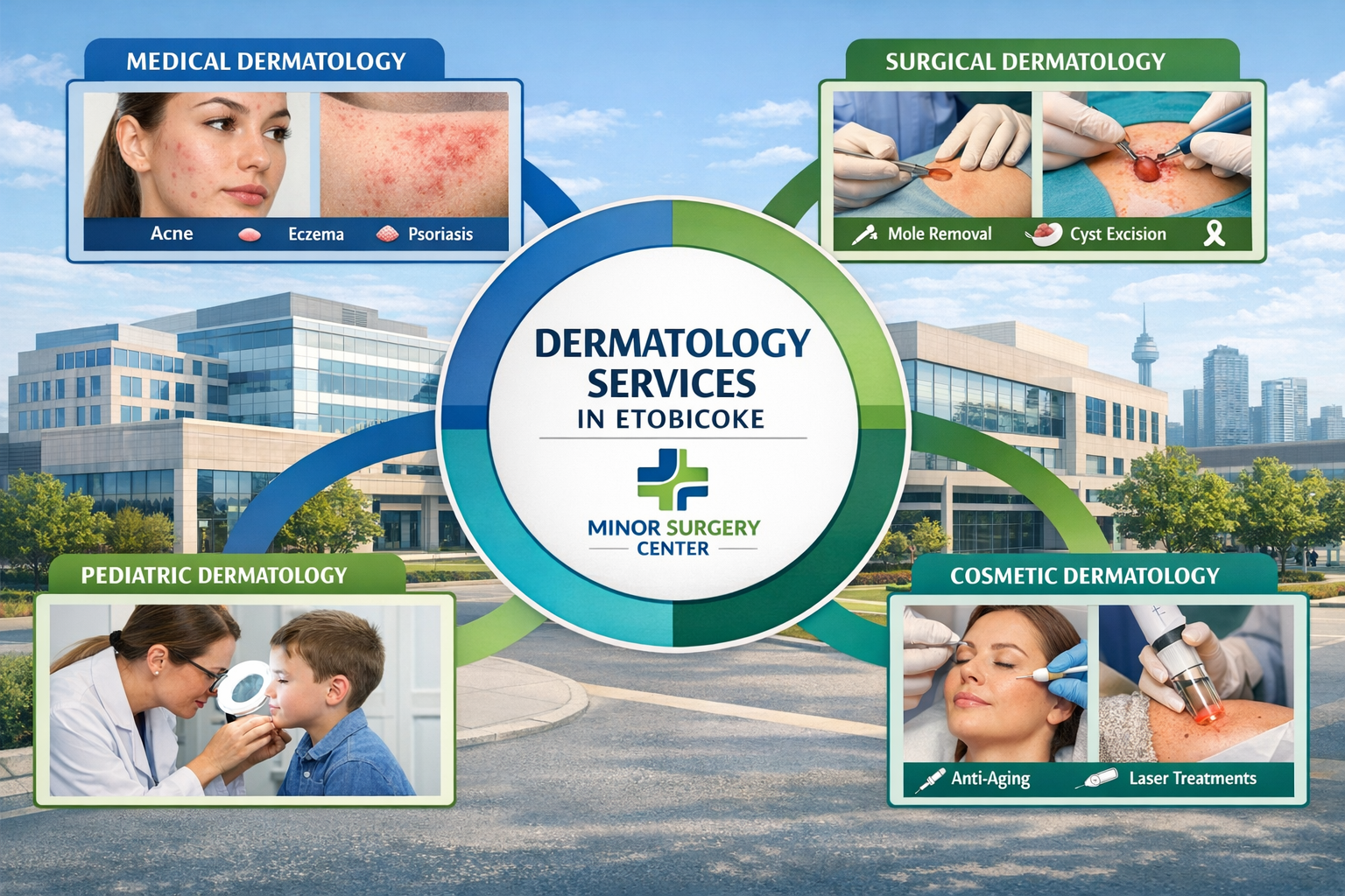 Landscape format (1536x1024) detailed infographic-style image showing comprehensive dermatology services available in Etobicoke. Central cir