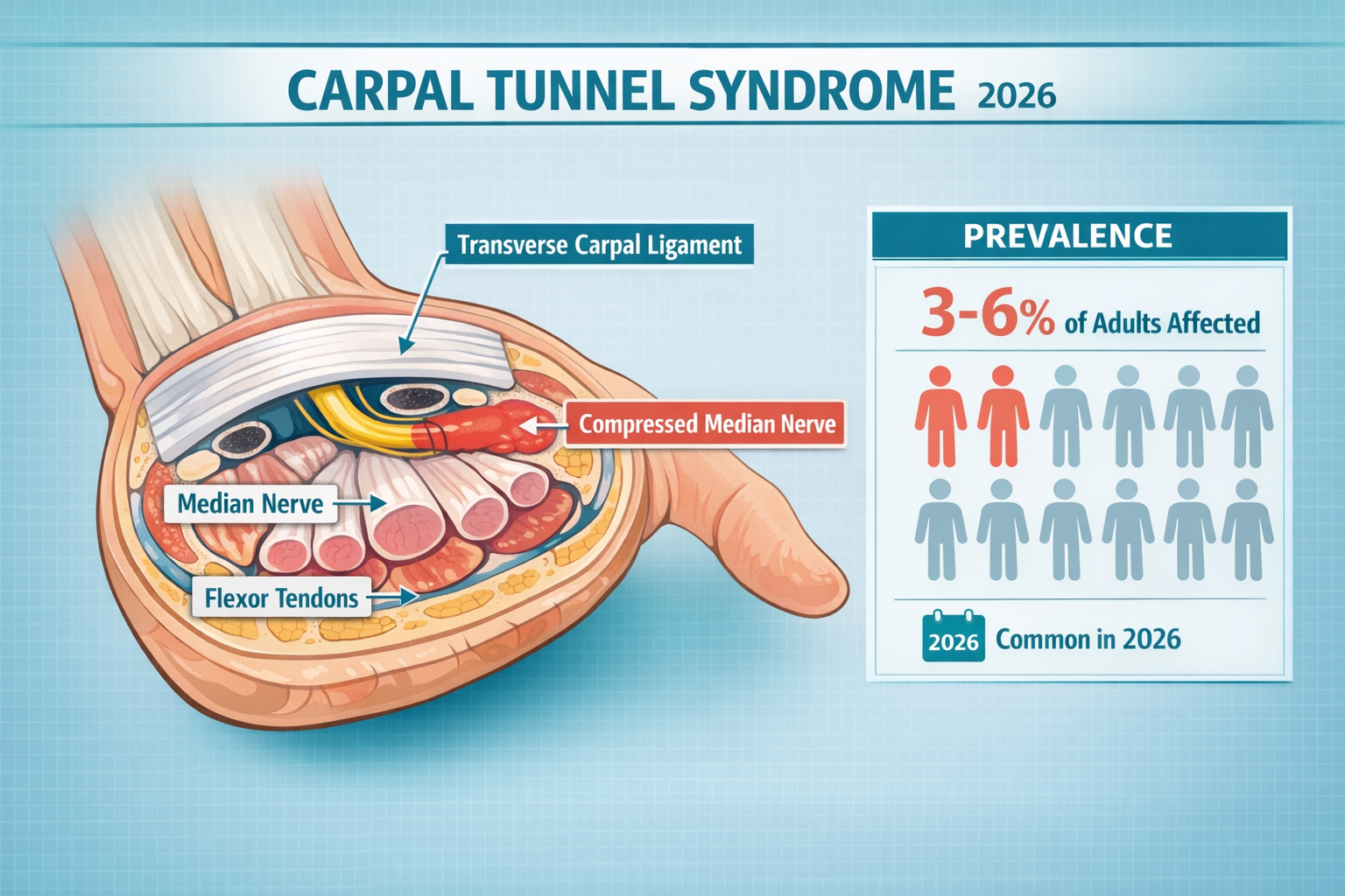 Landscape format (1536x1024) medical infographic illustration showing the anatomy of carpal tunnel syndrome in 2026 context: cross-section o