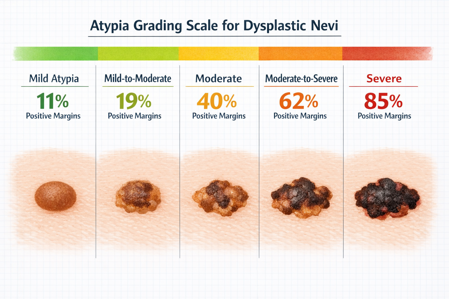 Detailed landscape format (1536x1024) visual comparison chart showing the atypia grading scale for dysplastic nevi from mild to severe. Five
