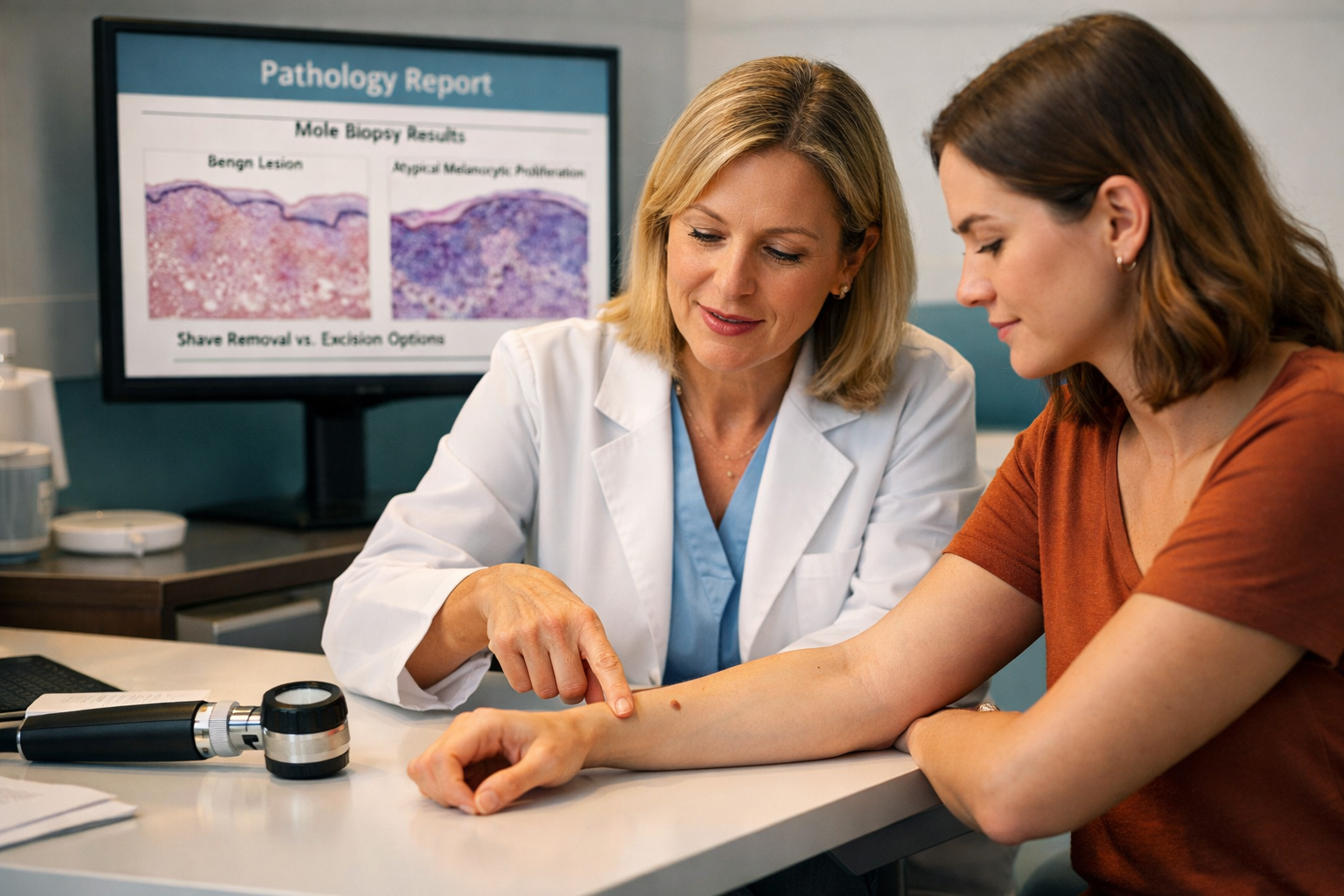 Detailed landscape format (1536x1024) editorial photograph of a dermatologist in a modern clinical office consulting with a patient, pointin
