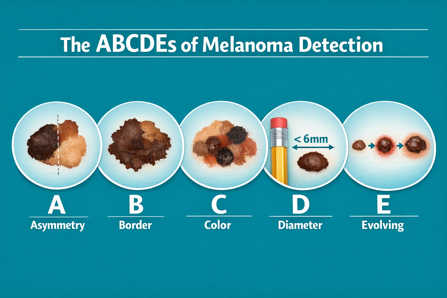 Detailed landscape format (1536x1024) educational infographic-style image showing the ABCDE rule for suspicious mole evaluation. Five labele