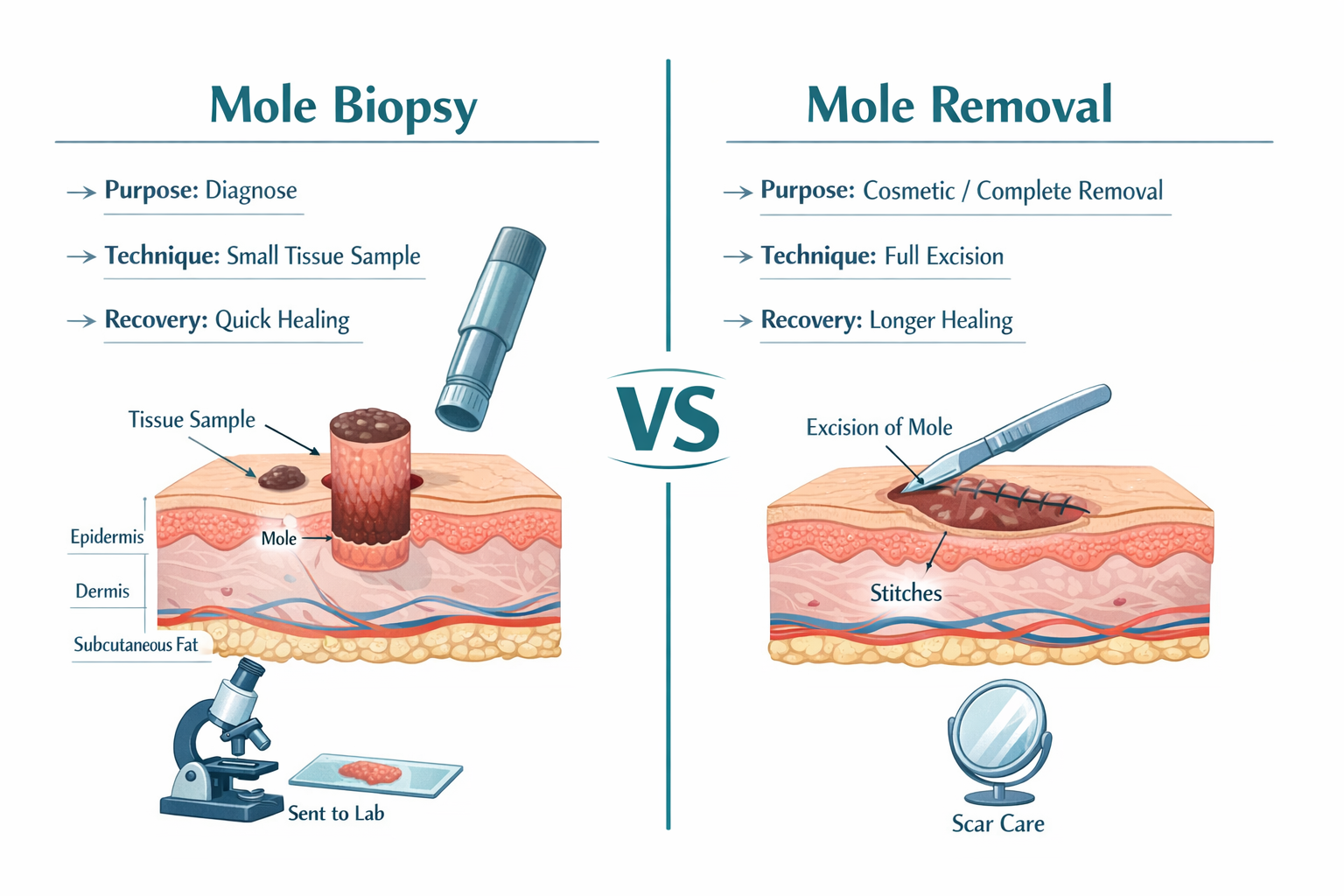 Detailed landscape format (1536x1024) medical infographic-style illustration comparing mole biopsy and mole removal side by side. Left panel
