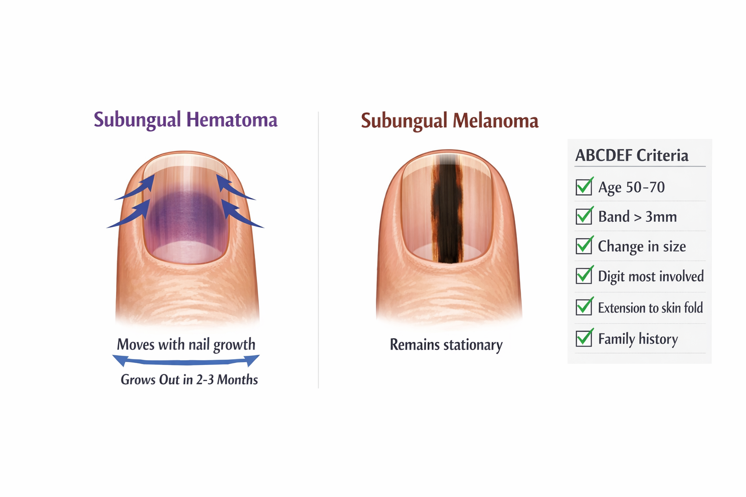 Detailed landscape format (1536x1024) medical comparison infographic showing side-by-side nail illustrations. Left panel: subungual hematoma