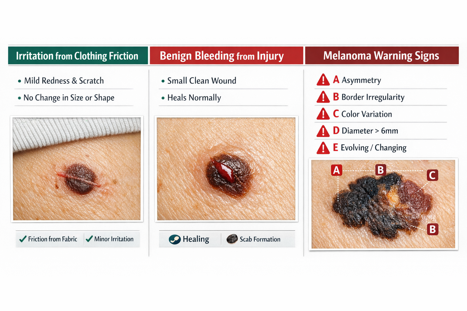 Detailed landscape format (1536x1024) medical infographic showing three distinct scenarios side by side: minor mole irritation from clothing