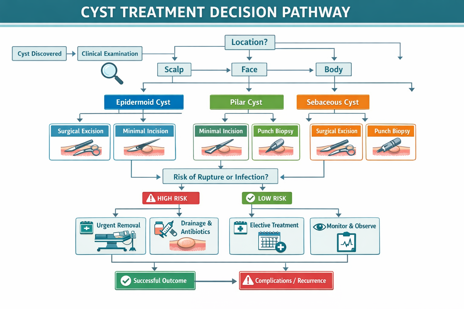 Detailed landscape format (1536x1024) clinical treatment decision flowchart showing diagnostic pathway from initial cyst discovery to treatm