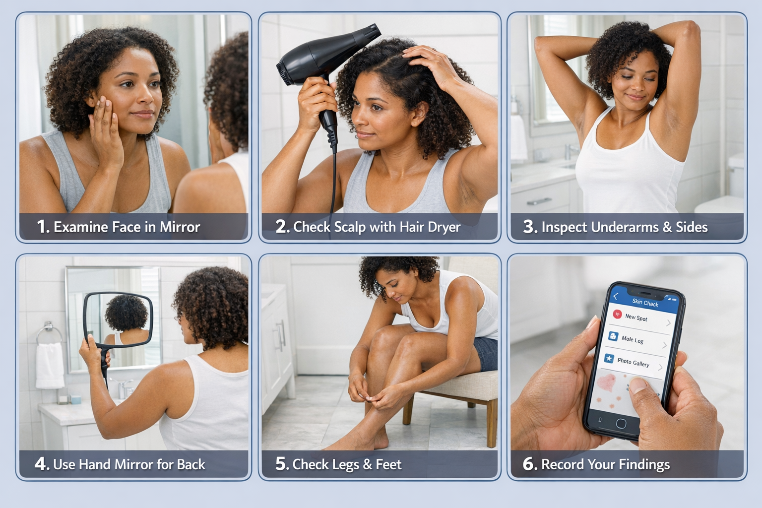 Landscape format (1536x1024) step-by-step visual guide showing proper body positioning for comprehensive skin self-examination. Split-screen