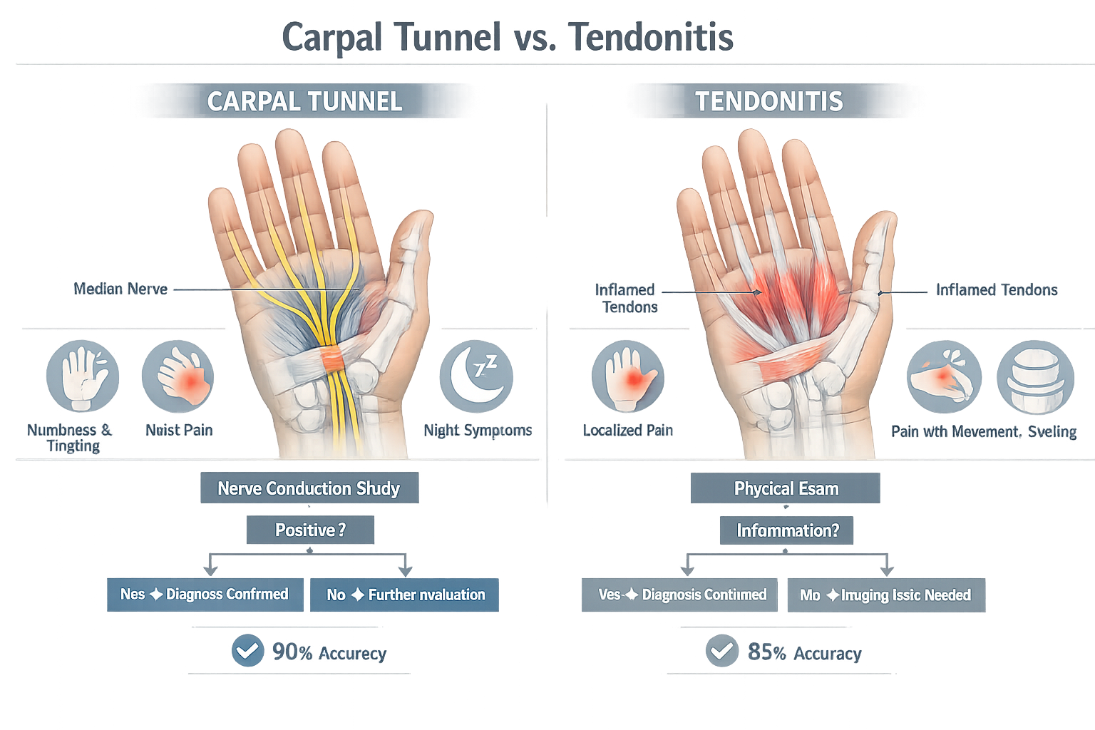 Concise medical visualization for 'Quick Answer' section, split-screen graphic comparing Carpal Tunnel and Tendonitis symptoms, featuring st