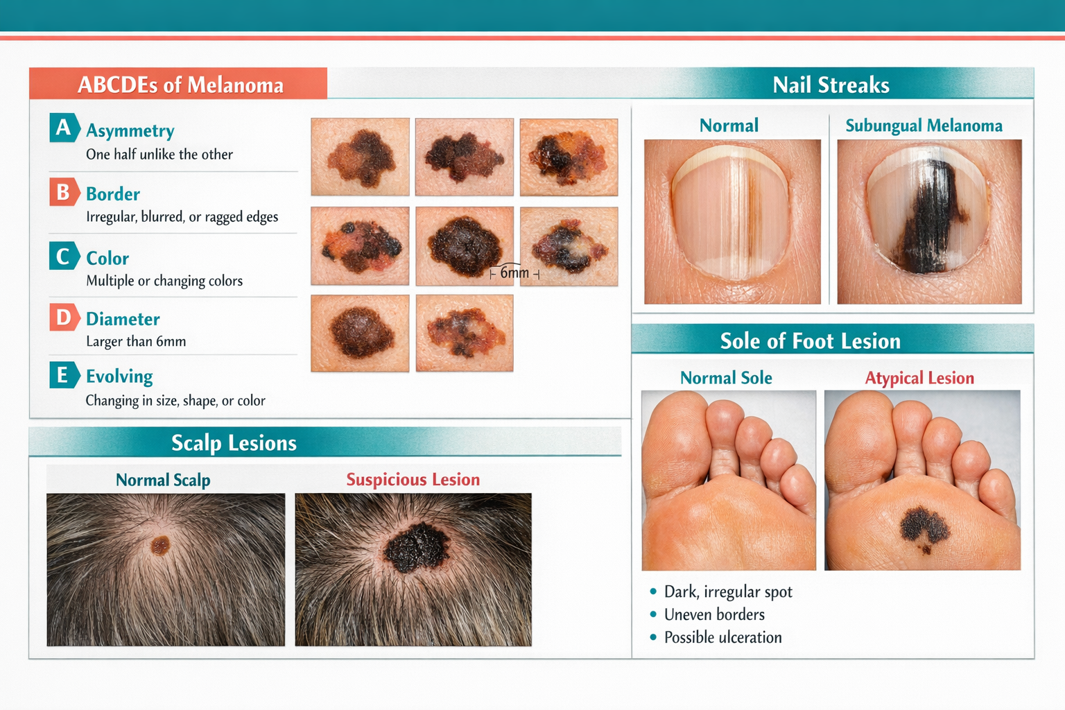 Detailed () comparison visual showing ABCDE melanoma warning signs chart alongside close-up photographs of normal vs.