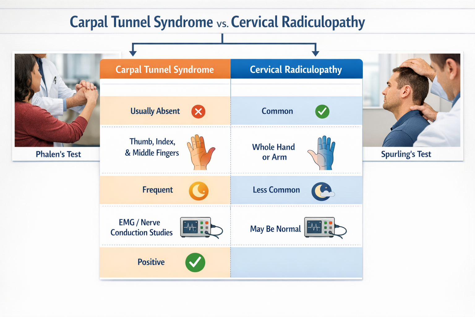 Detailed () clinical diagnostic comparison chart infographic showing a structured table or decision-tree flowchart for