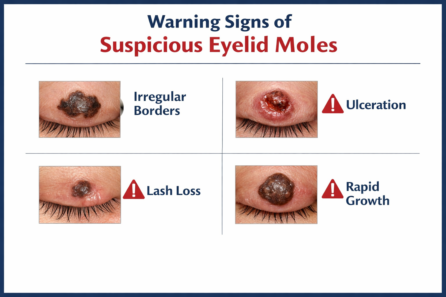() infographic-style image showing a checklist of warning signs for suspicious eyelid moles — irregular borders, ulceration,