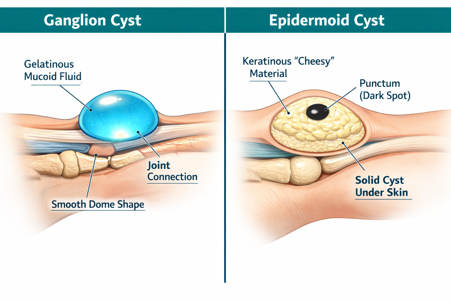 () medical comparison infographic showing a split-panel diagram: left panel labeled 'Ganglion Cyst' with a translucent blue