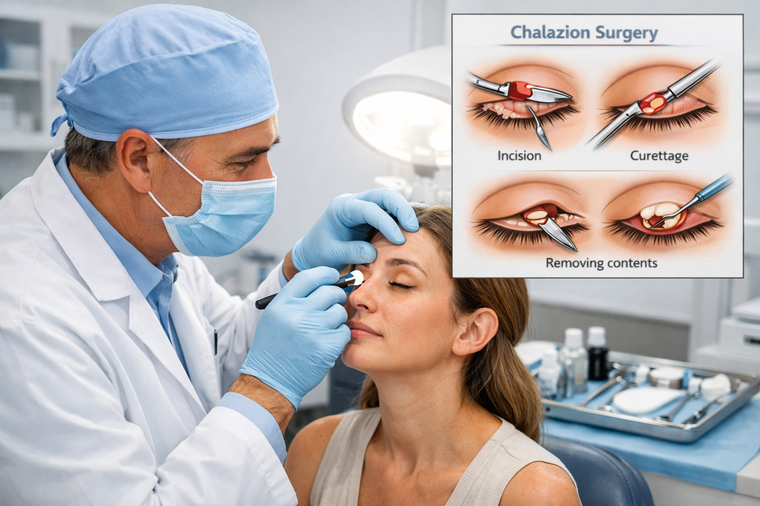 Detailed () showing a clinical consultation scene: a board-certified surgeon in a modern minor surgery clinic examining a