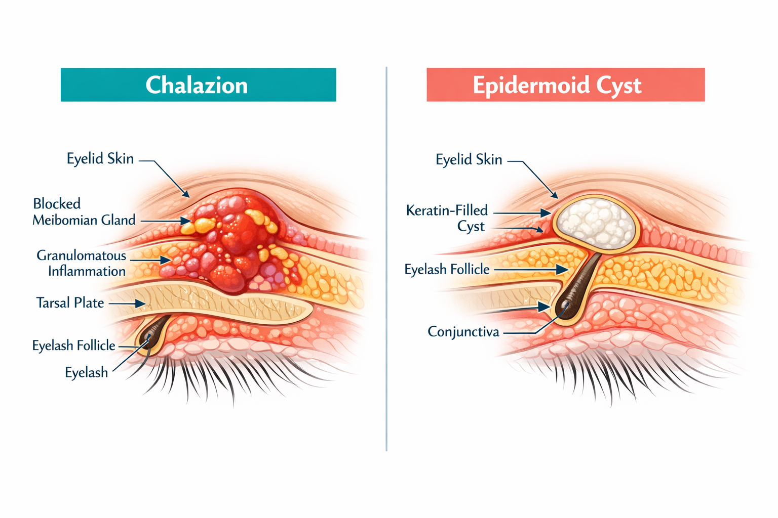Detailed () medical comparison infographic showing two side-by-side anatomical cross-section diagrams of the eyelid: left