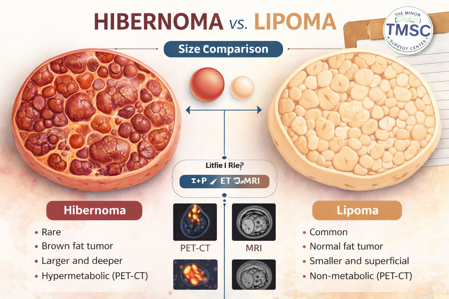 Quick Answer section infographic comparing hibernoma and lipoma, split-screen medical illustration with scientific