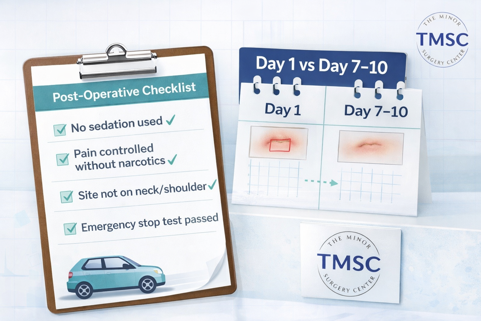 Detailed () visual checklist graphic showing a patient discharge scenario after lipoma removal: a clipboard with a