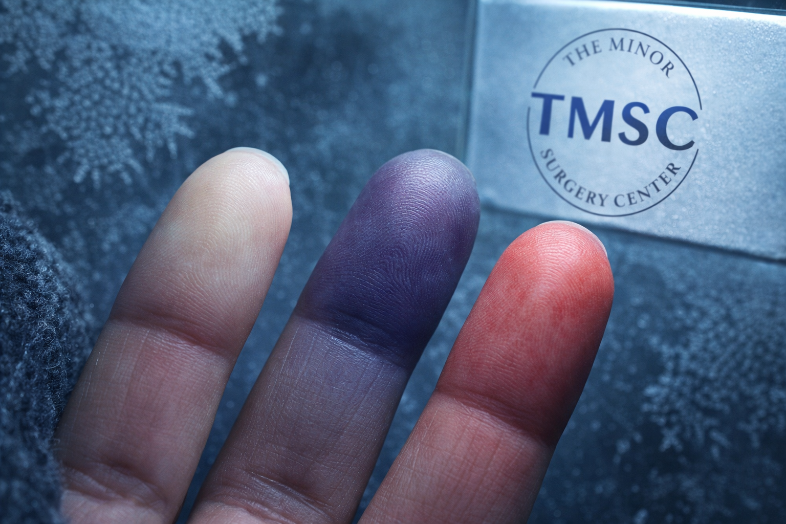 () close-up macro photograph of human fingers displaying the classic Raynaud's phenomenon color change sequence across three