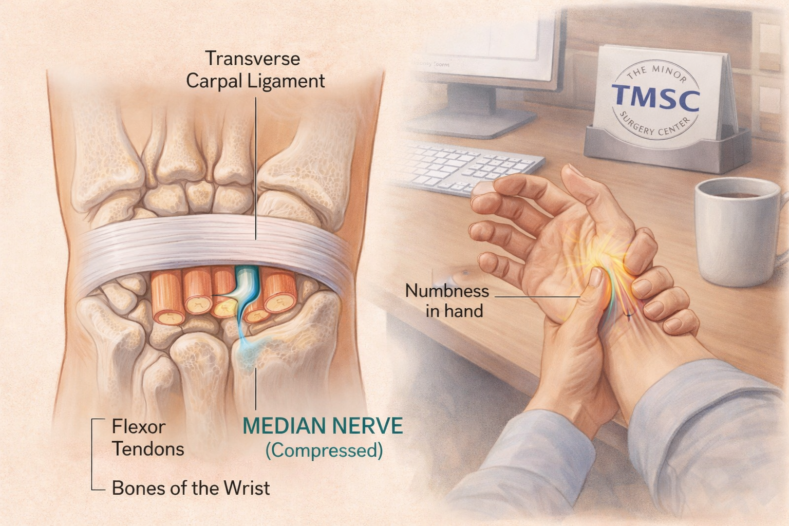 () detailed medical illustration showing cross-section anatomy of the carpal tunnel with median nerve compression, labeled