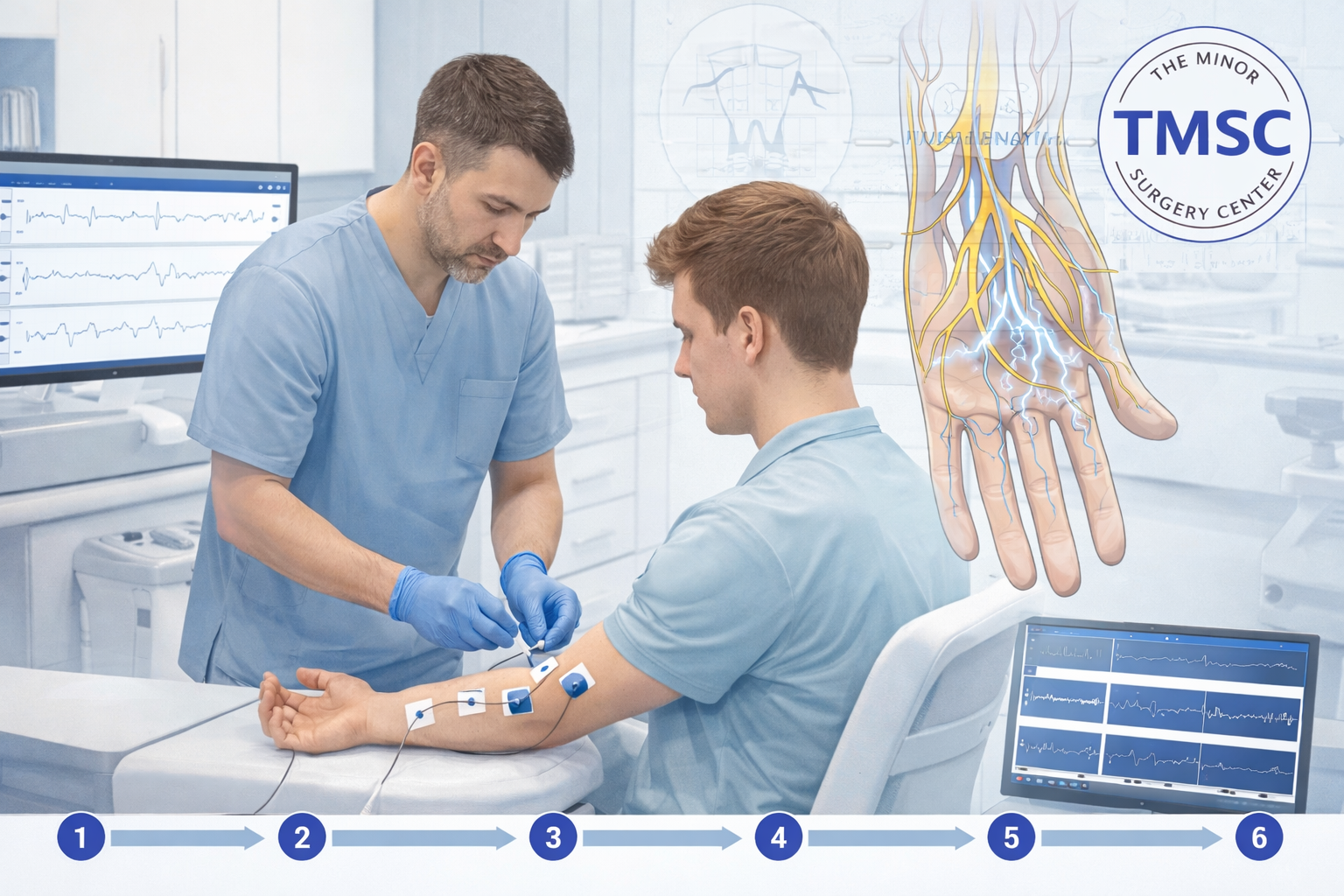 Detailed () editorial illustration showing a step-by-step NCS/EMG procedure timeline infographic: a neurologist applying