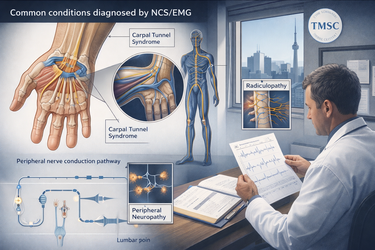 Detailed () conceptual medical illustration showing common conditions diagnosed by NCS/EMG: anatomical cross-section of the