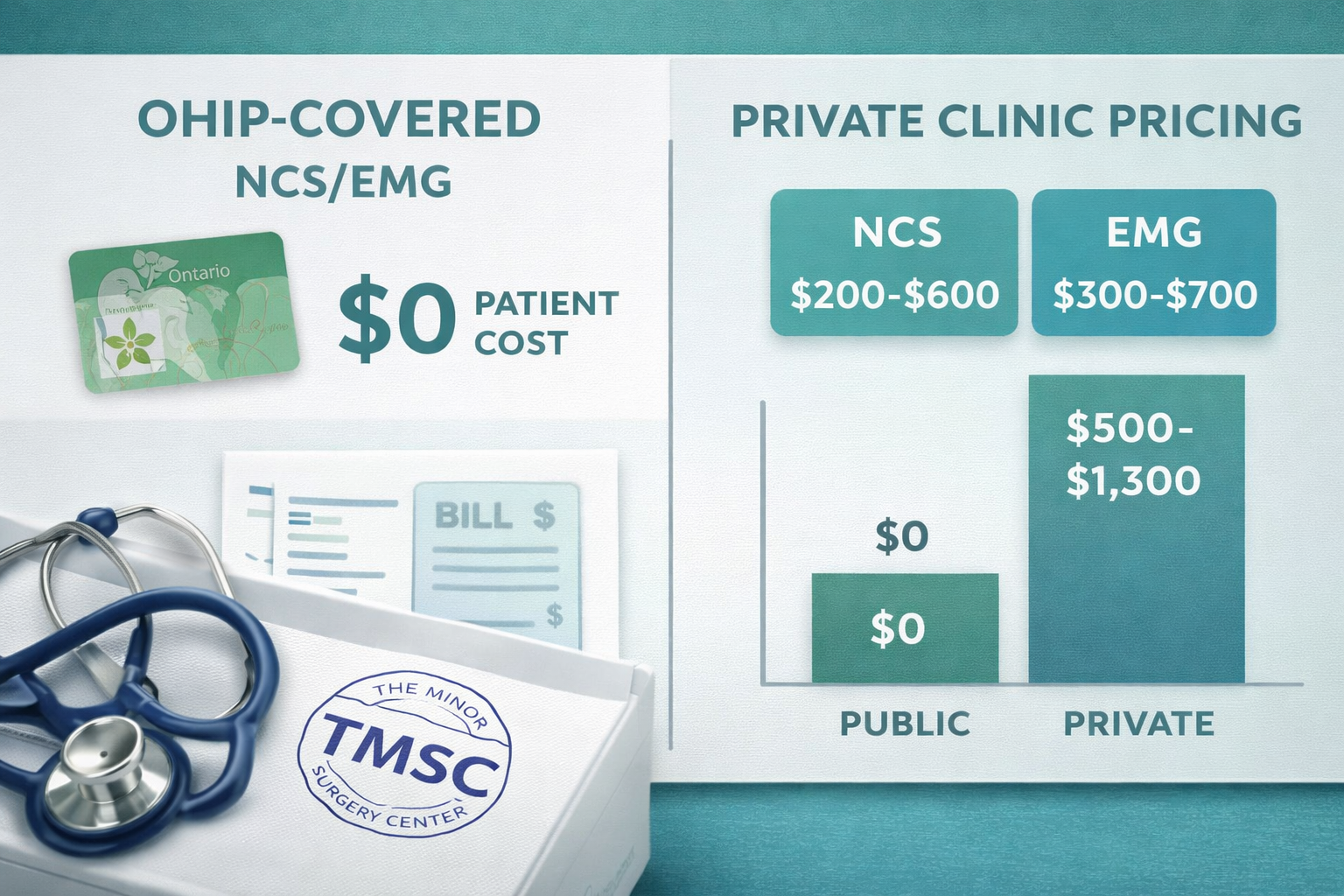 Detailed () cost comparison infographic visual: a clean split-panel design showing OHIP-covered NCS/EMG on the left side