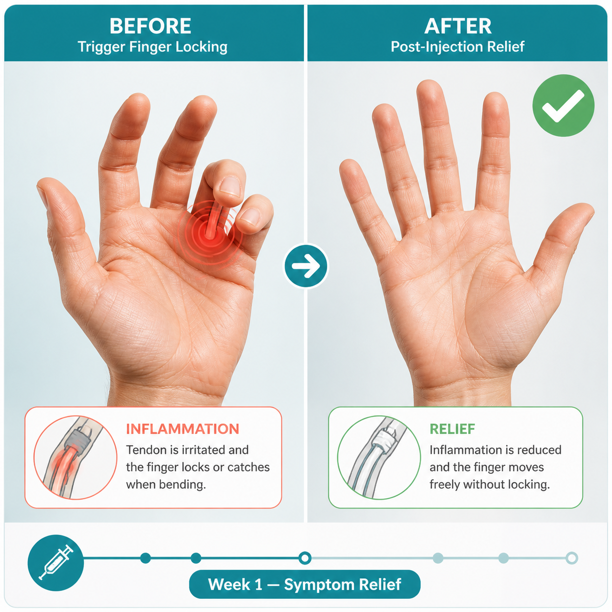 Trigger finger before and after injection — symptom timeline