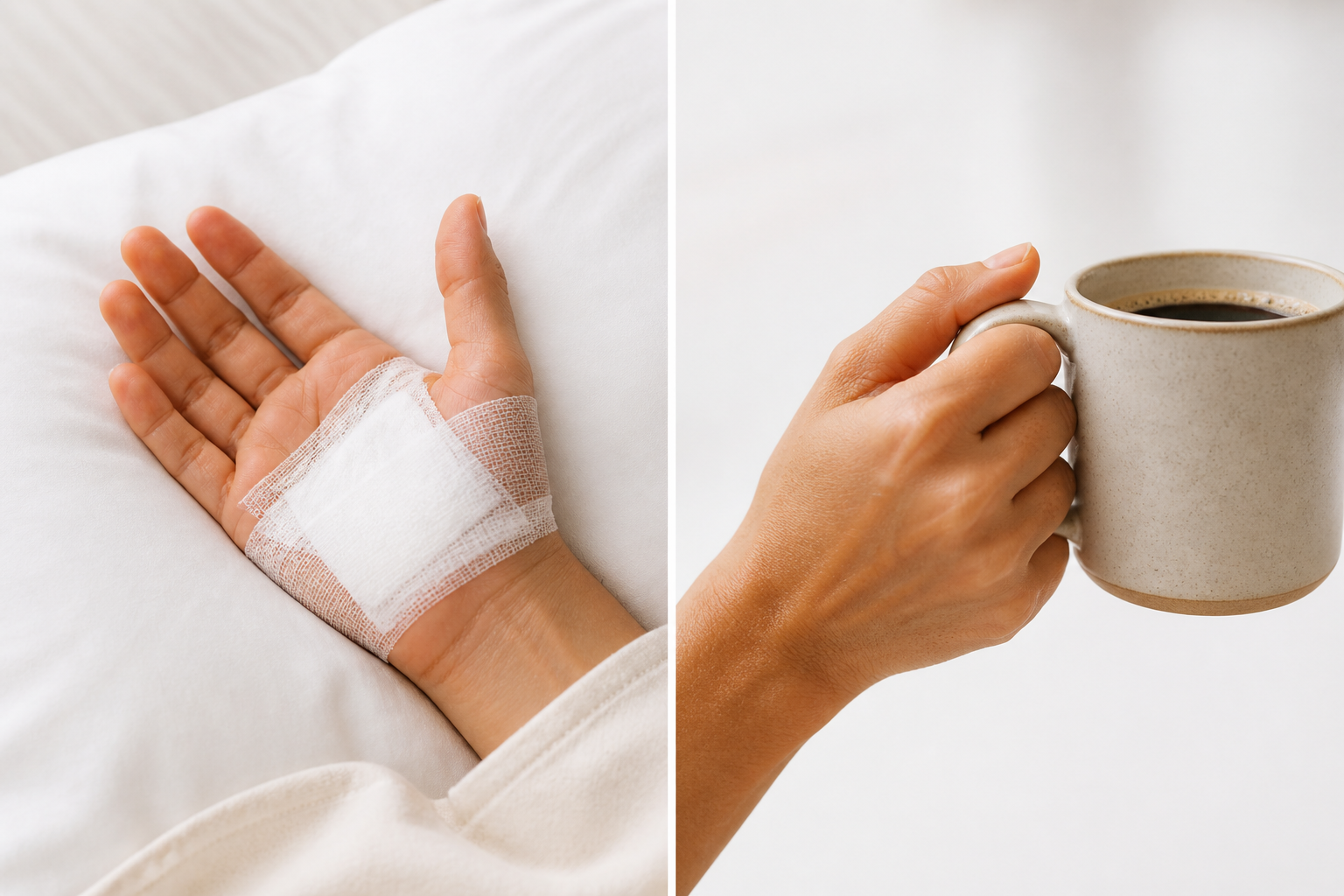 Detailed () split-composition image showing two contrasting scenes side by side: on the left, a hand with a fresh