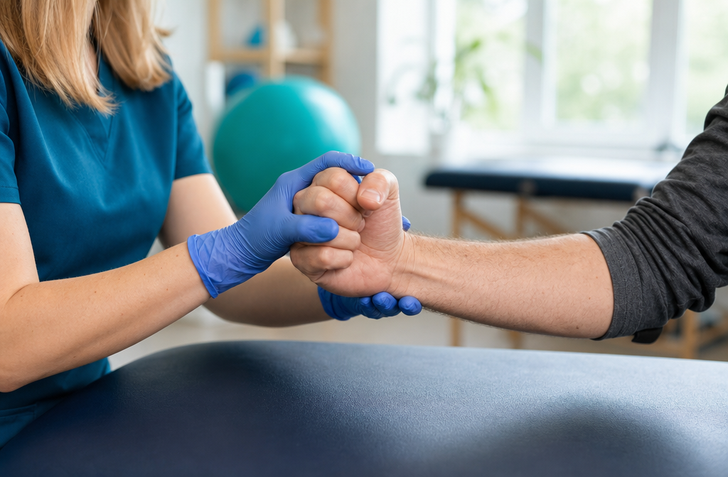 Detailed () close-up photograph of a hand therapist guiding a patient through finger range-of-motion exercises on a padded