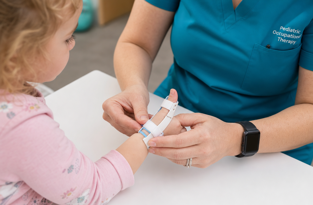 () showing a pediatric occupational therapist fitting a small custom orthotic splint onto a toddler's thumb in a well-lit