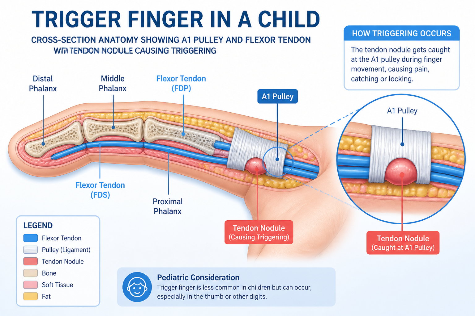 Detailed () medical illustration showing cross-section anatomy of a child's finger with the A1 pulley and flexor tendon