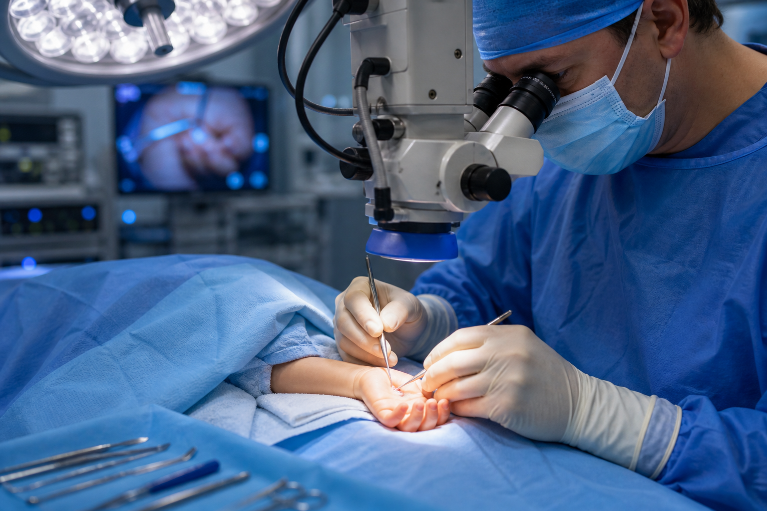 () depicting a pediatric hand surgeon performing A1 pulley release surgery on a child's finger under magnification in a