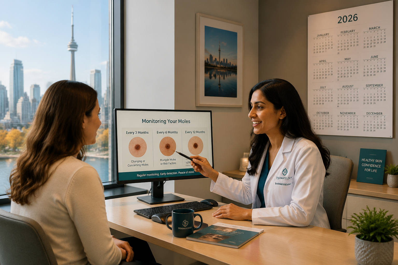 () showing a warm, reassuring clinical consultation scene: a patient sitting across from a doctor at a desk in a modern