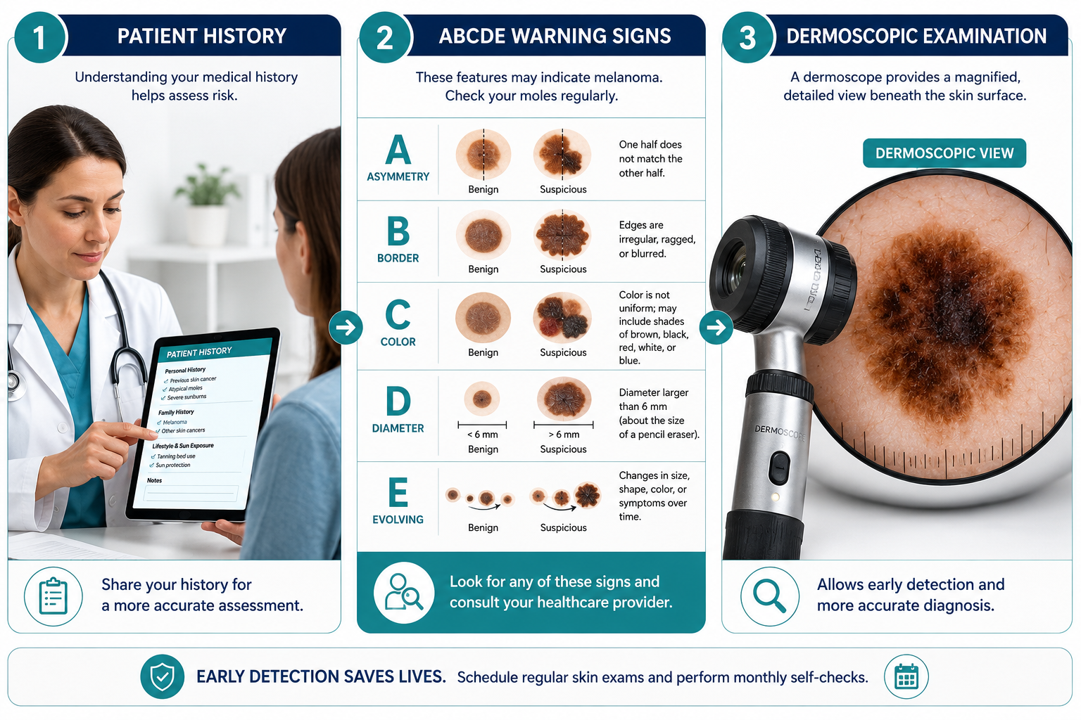 () clinical illustration showing a step-by-step visual timeline of a mole examination: left panel shows a doctor reviewing