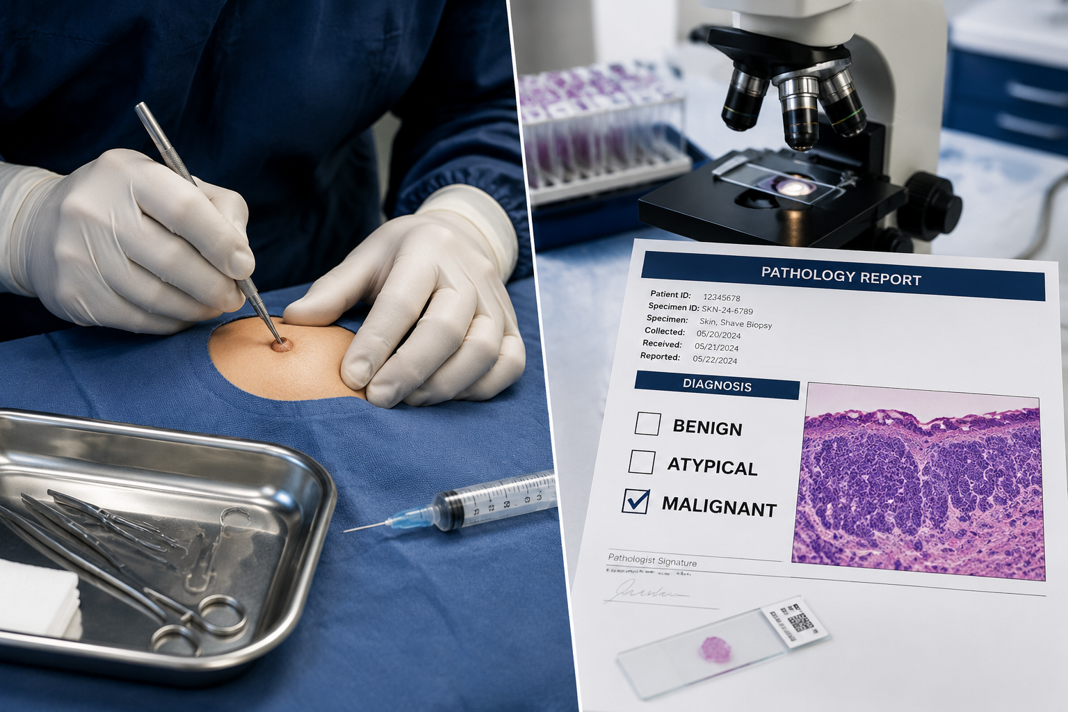 () showing a split-scene: left side depicts a gloved surgeon performing a shave biopsy on skin with local anesthetic syringe