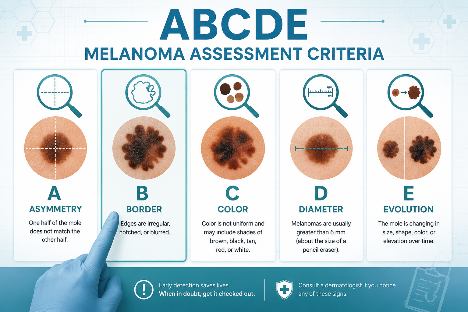 () clinical infographic illustration showing the ABCDE melanoma assessment criteria displayed as five labeled skin lesion
