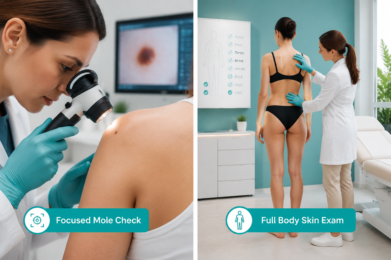 () editorial illustration showing a split-screen comparison: left side depicts a dermatologist performing a focused