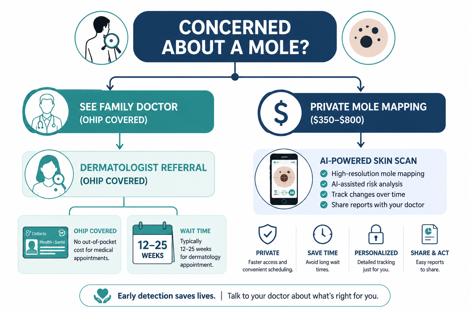 () infographic-style image showing a clear decision flowchart: 'Concerned About a Mole?' branching into 'See Family Doctor