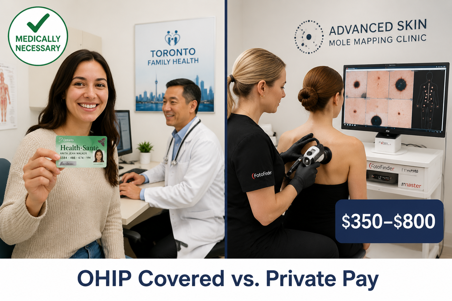 () editorial illustration showing a split-screen comparison: left side depicts a smiling Toronto patient holding an OHIP