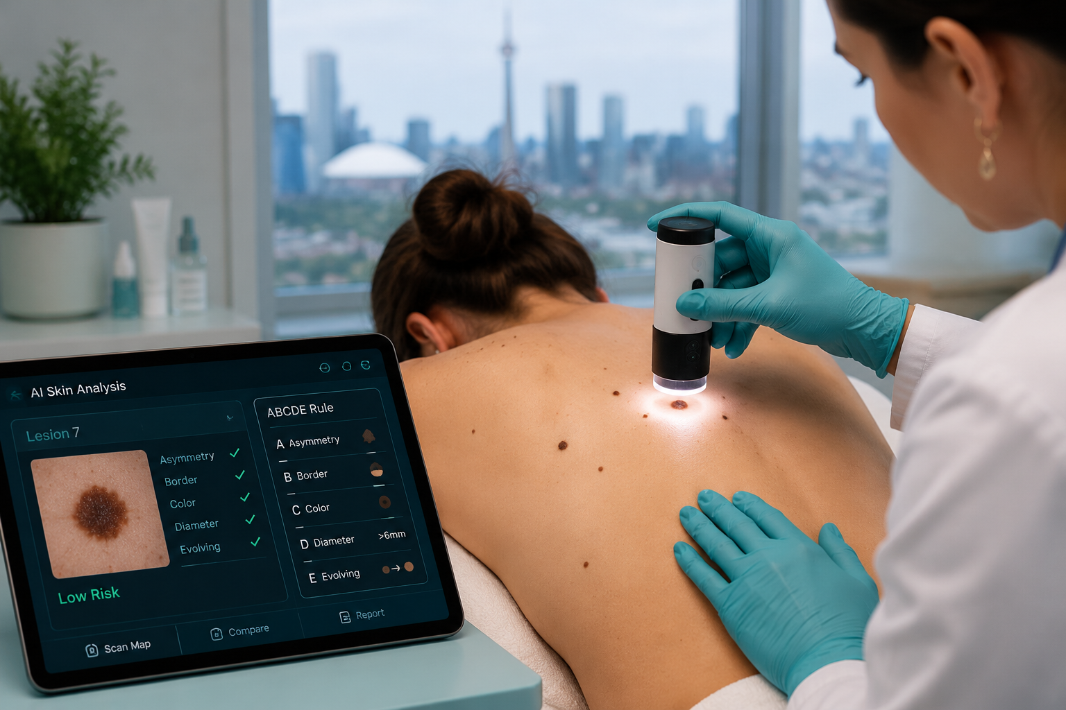 () close-up overhead shot of a dermatologist's examination table with a dermoscopy device scanning a patient's back for mole