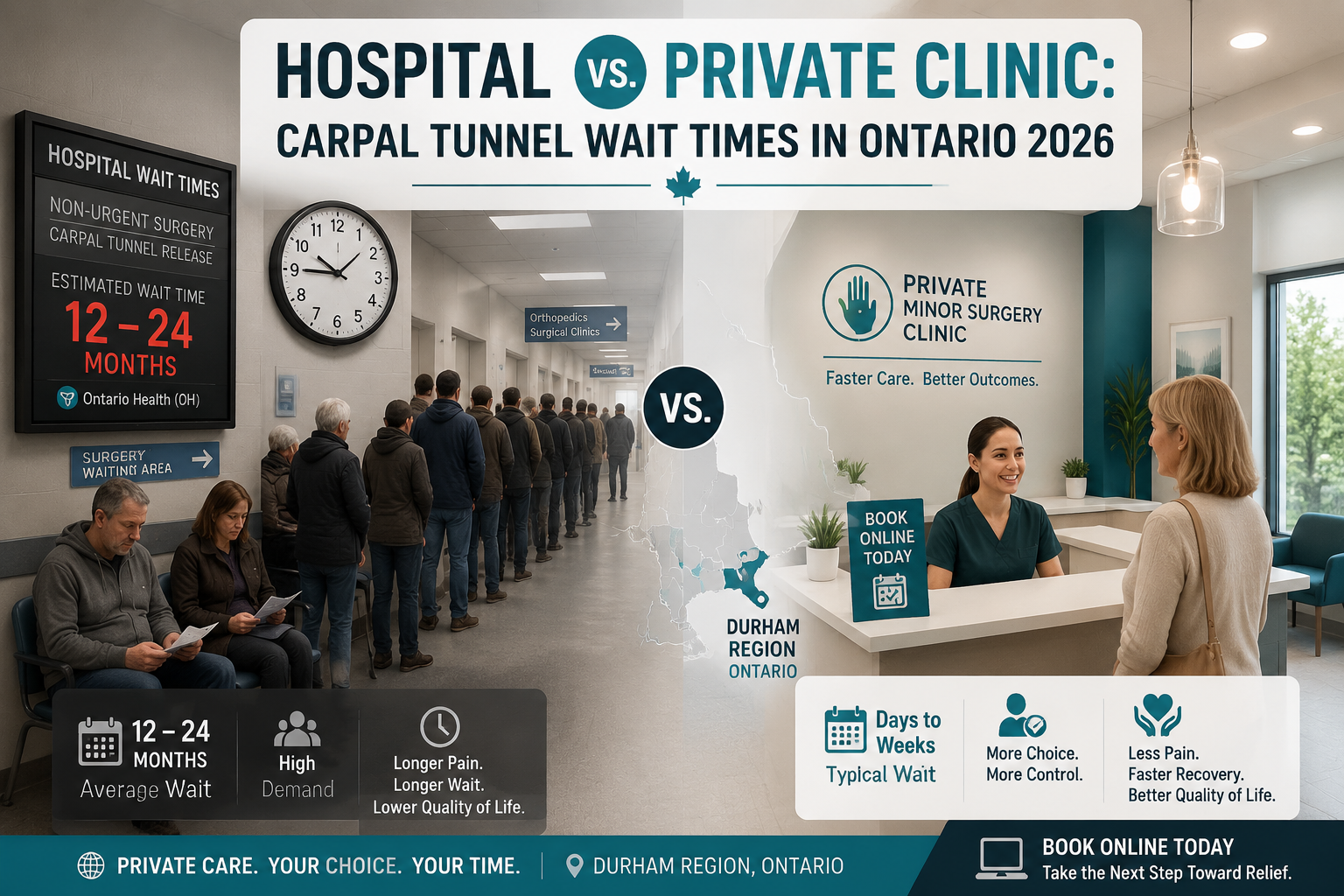 Detailed () informational illustration showing a split-scene: left side depicts a patient in a hospital waiting room with a