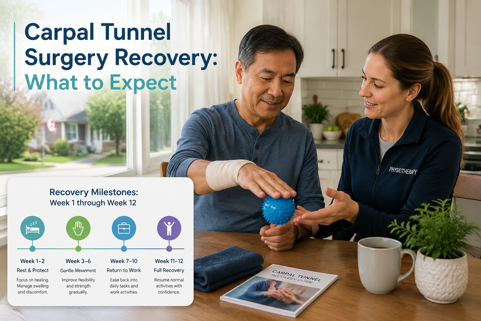 Detailed () recovery and rehabilitation scene: a patient sitting at a bright kitchen table doing gentle hand and wrist