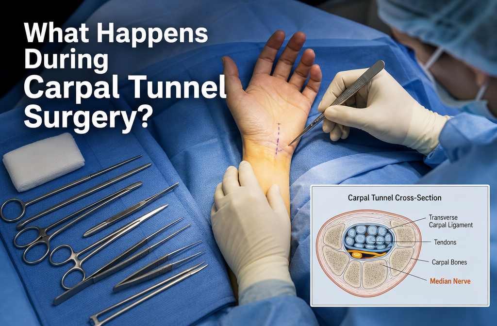 Detailed () medical procedure illustration showing a close-up overhead view of a carpal tunnel release procedure setup: a