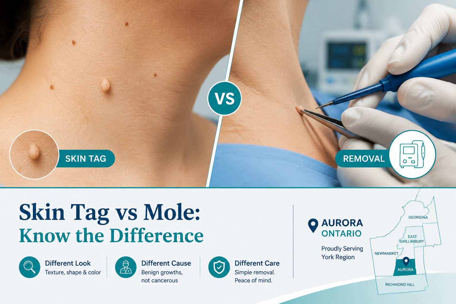 () editorial illustration showing a close-up split-panel comparison: left side depicts a raised skin tag on neck skin with