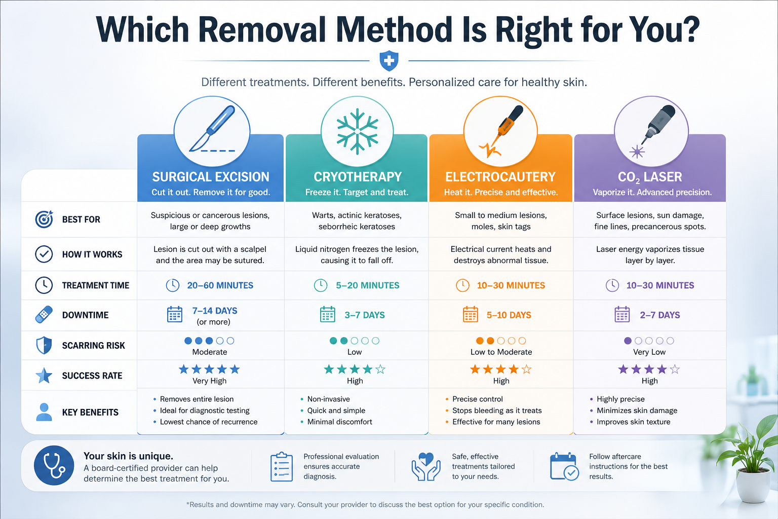 () infographic-style image showing a comparison table of skin lesion removal methods: surgical excision, cryotherapy,