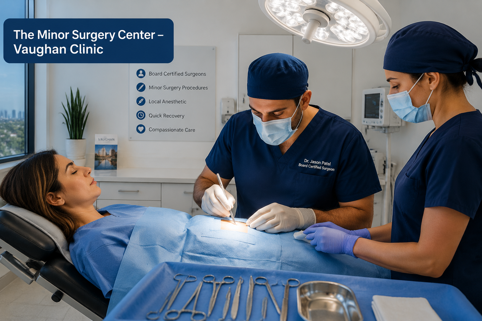 () showing a modern minor surgery procedure room in Vaughan, Ontario, with a patient reclining on a treatment chair, a