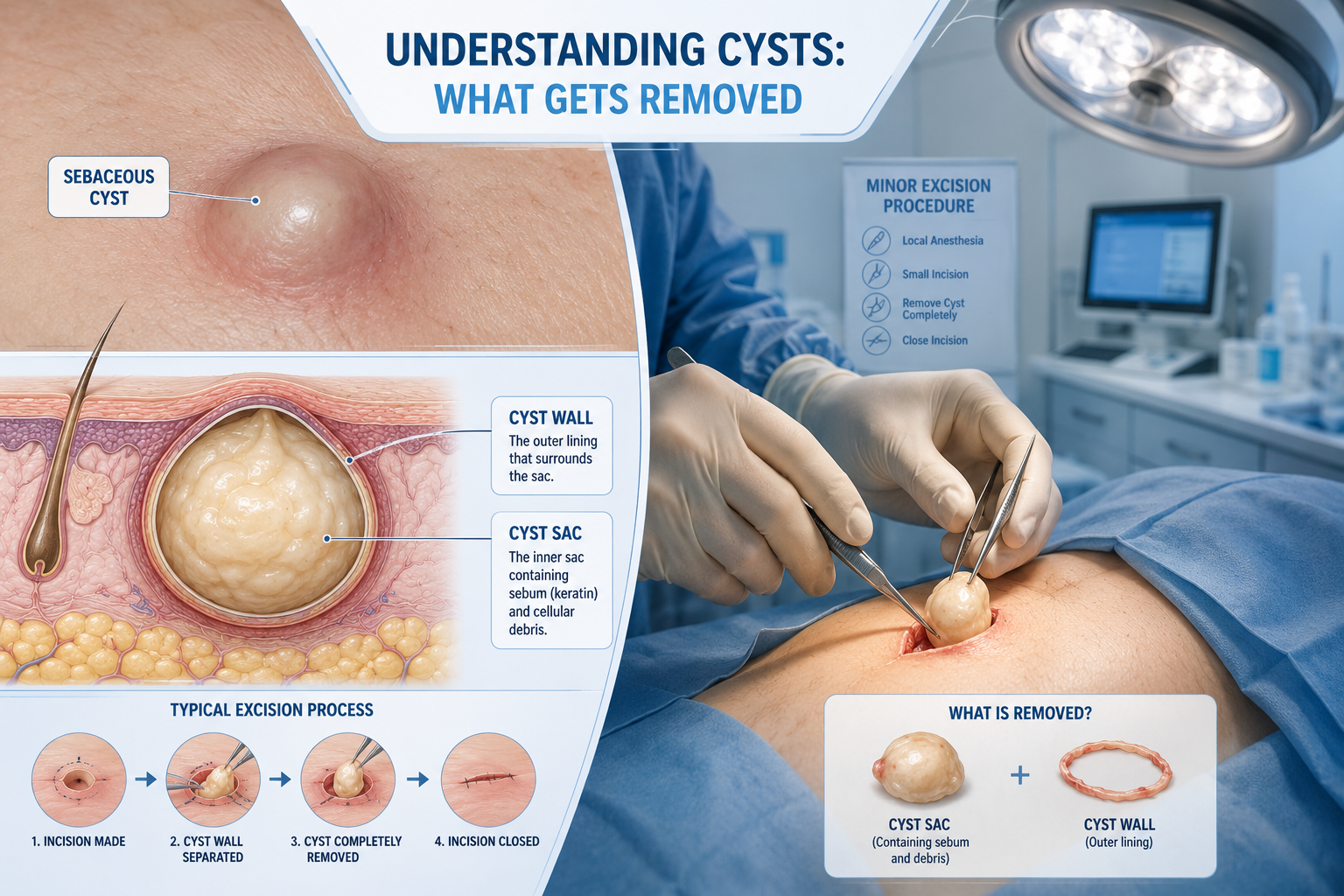 () detailed illustration showing a split-scene comparison: on the left, a close-up of a sebaceous cyst on skin with