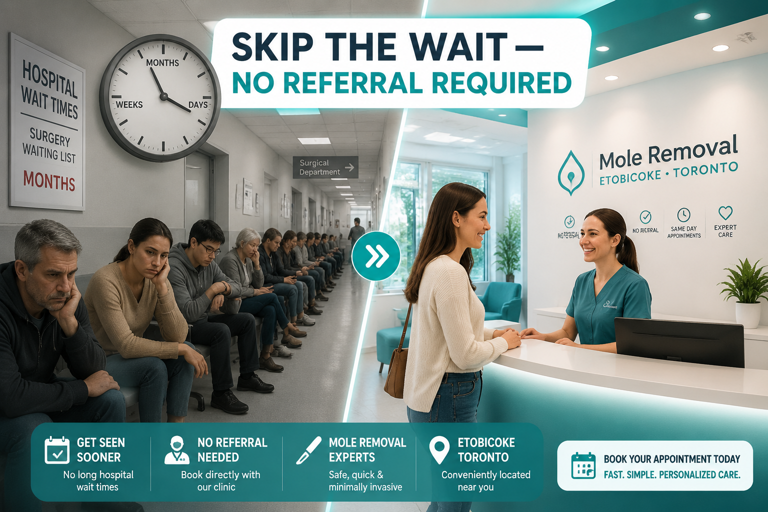 () editorial illustration showing a split-screen comparison: left side depicts a long hospital waiting room with frustrated